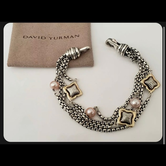 David Yurman Quatrefoil Pearls 925 Silver 18k Gold 4 Strand Chain Bracelet - Picture 3 of 7
